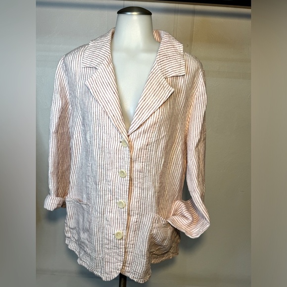 Linen blazer 100% natural fibers collared button up jacket oversized pinstriped - Picture 2 of 9